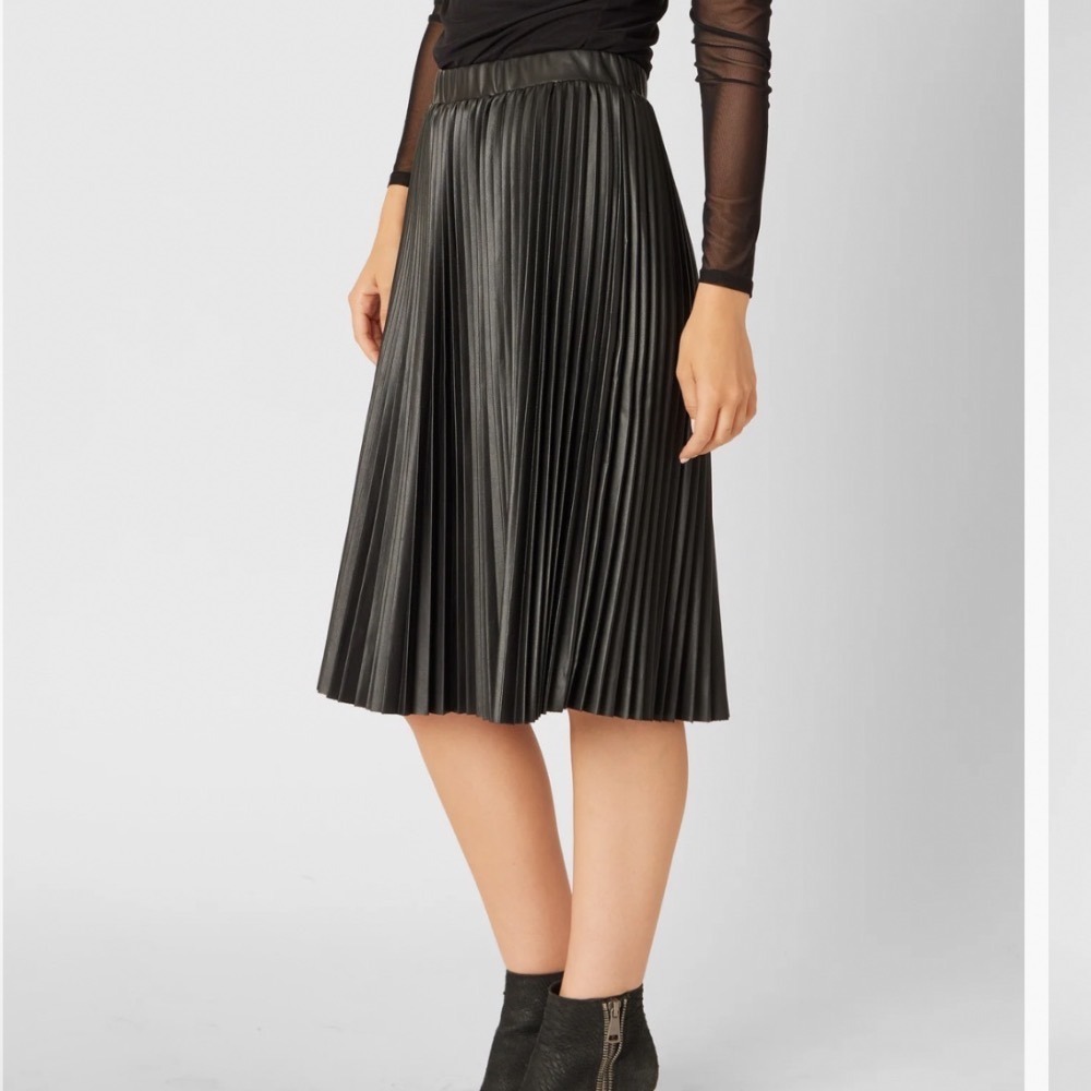 Adrienne Landau Onyx Black Faux Leather Pleated Midi Skirt XL New With Tags